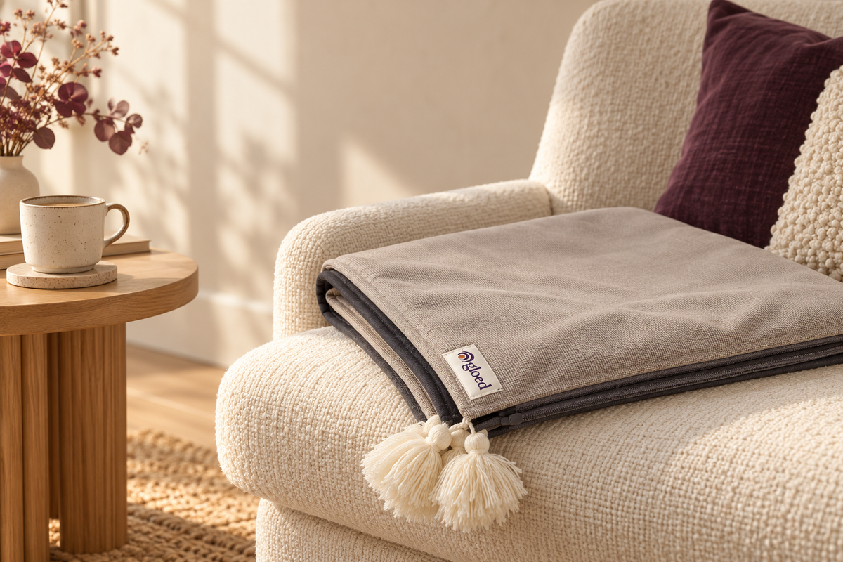 AI-styled scene of the GLOED wrap blanket on a cream reading chair